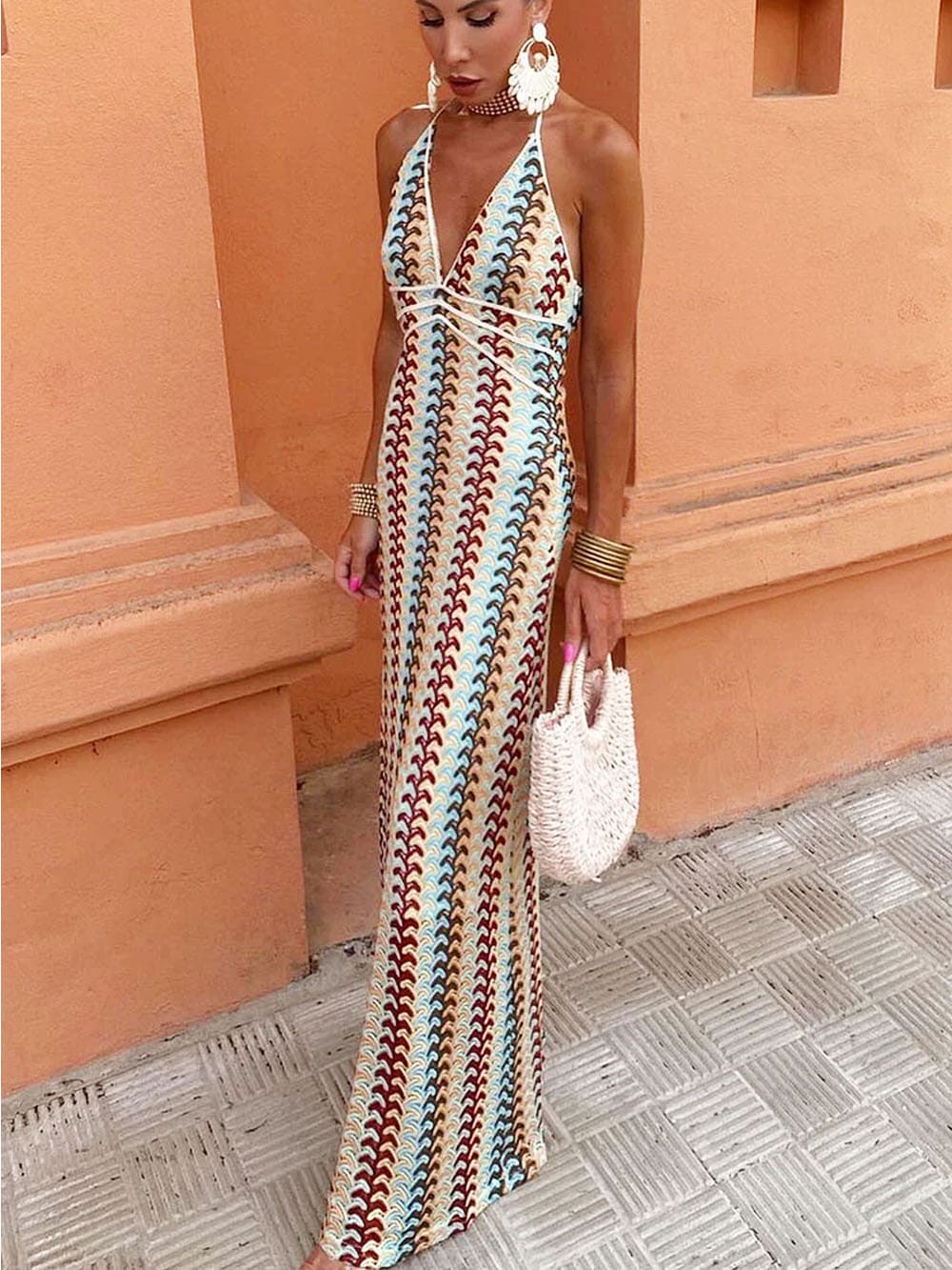 Halter V Neck Backless Boho Pattern Knit Slim-Fit Vacation Maxi Dresses