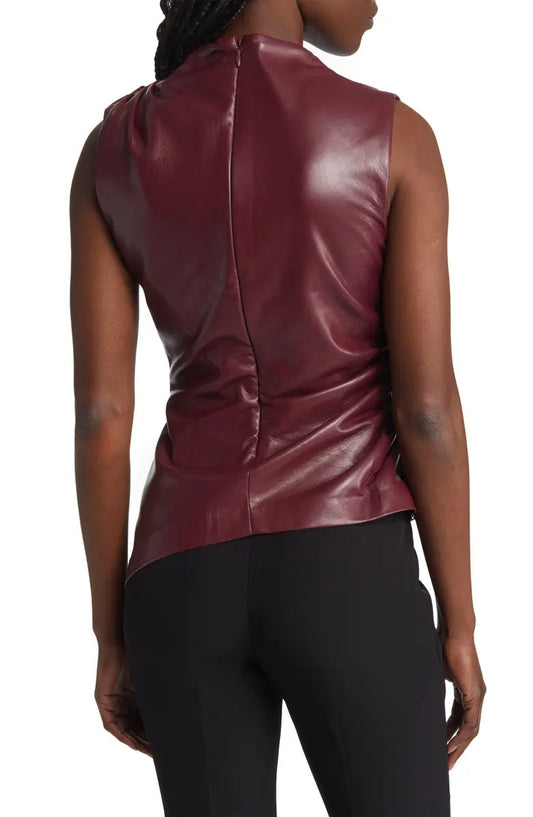 Allegra Asymmetric Faux Leather Gathered Top