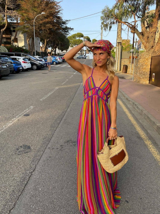 Rainbow Striped Halter Maxi Dress