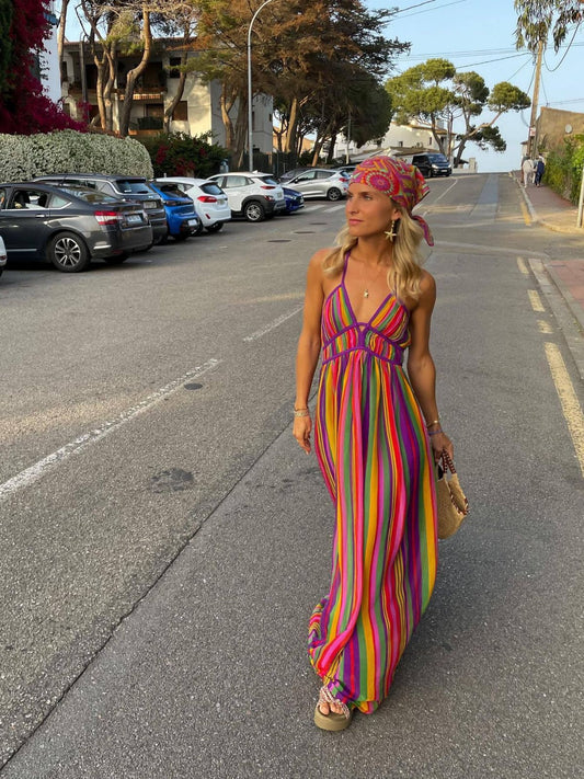 Rainbow Striped Halter Maxi Dress